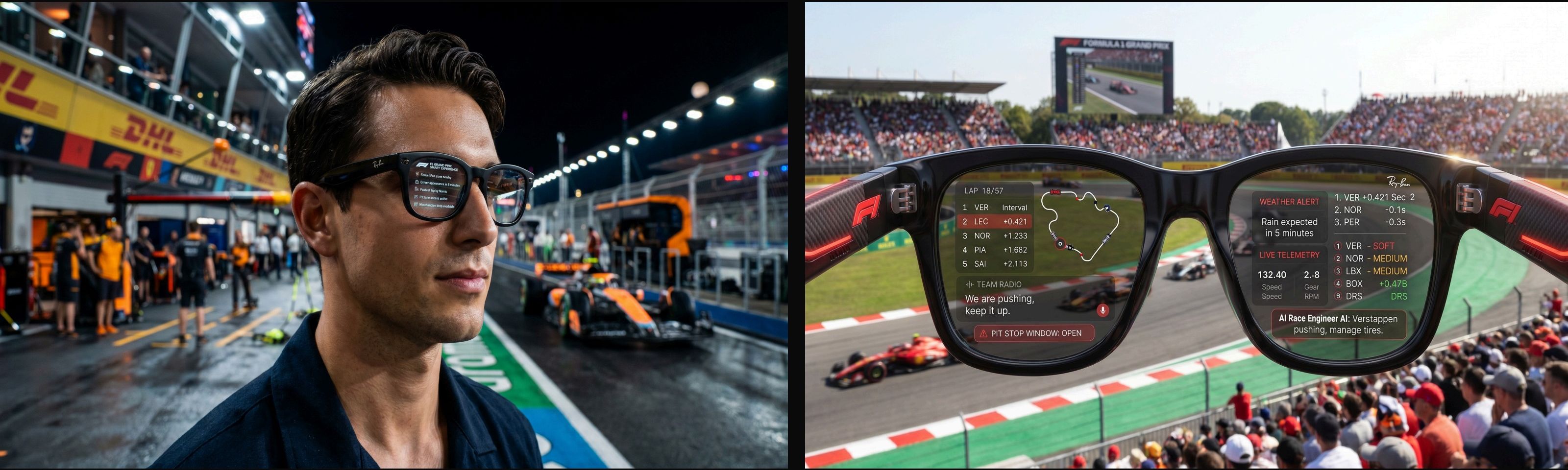 Fan in pitlane wearing smart glasses