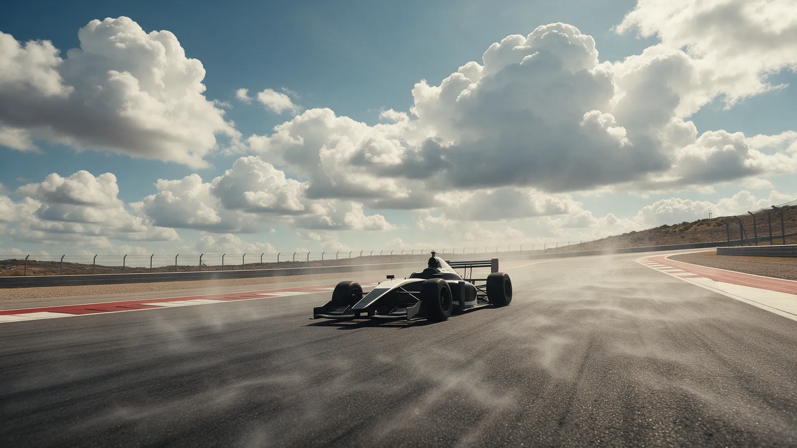 Open-wheel racing car on a sunlit circuit straight with heat haze and a dramatic sky