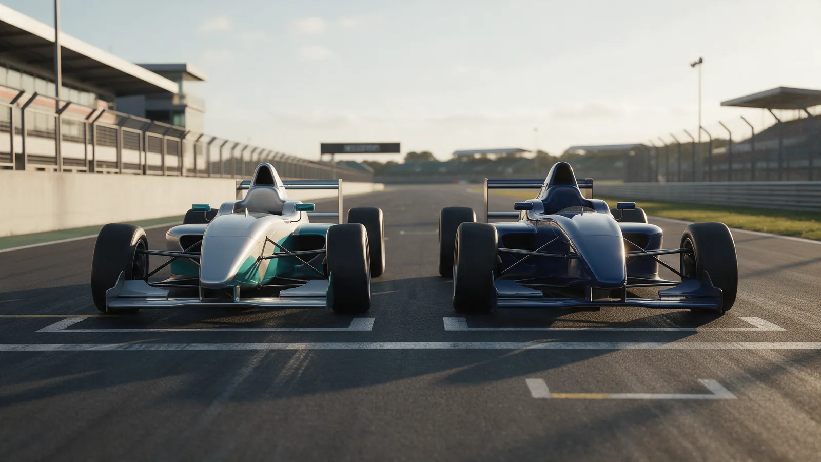 Two open-wheel race cars side by side on the front row of a starting grid in low sun