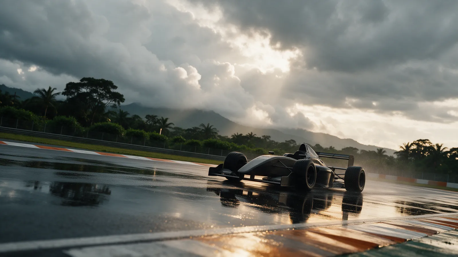 Carro de Fórmula 1 em pista tropical encharcada, sob nuvens de tempestade ao pôr do sol