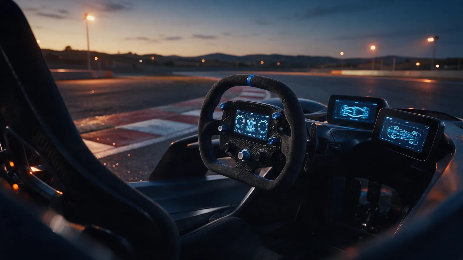 Open-wheel race car cockpit with glowing simulator screens at dusk on an empty circuit