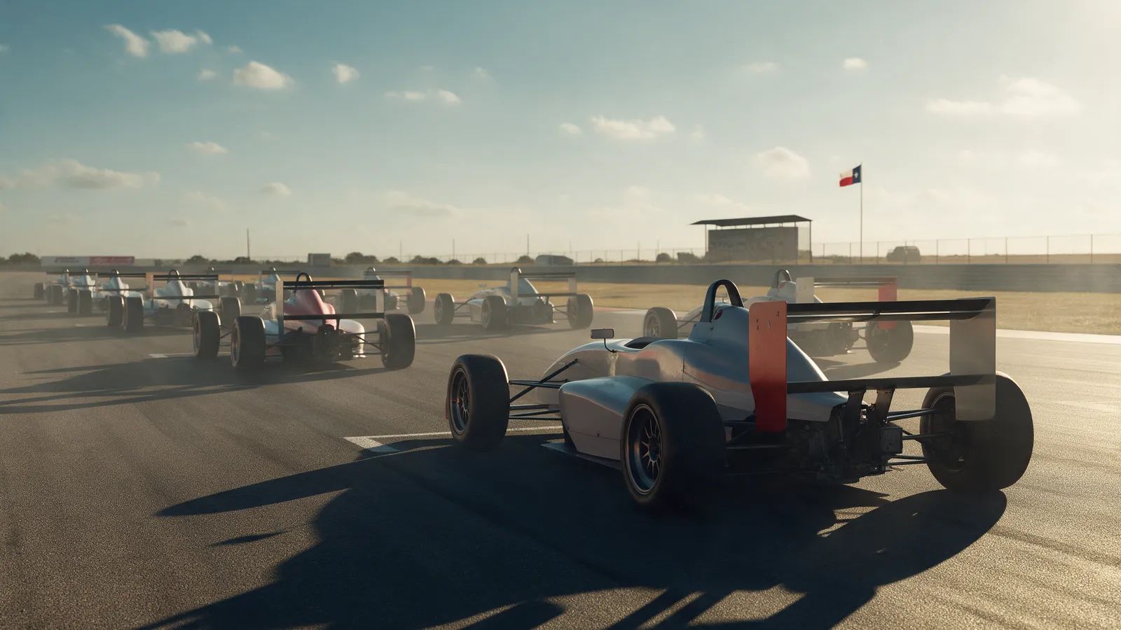 Lone open-wheel race car at the back of a starting grid in warm afternoon heat haze