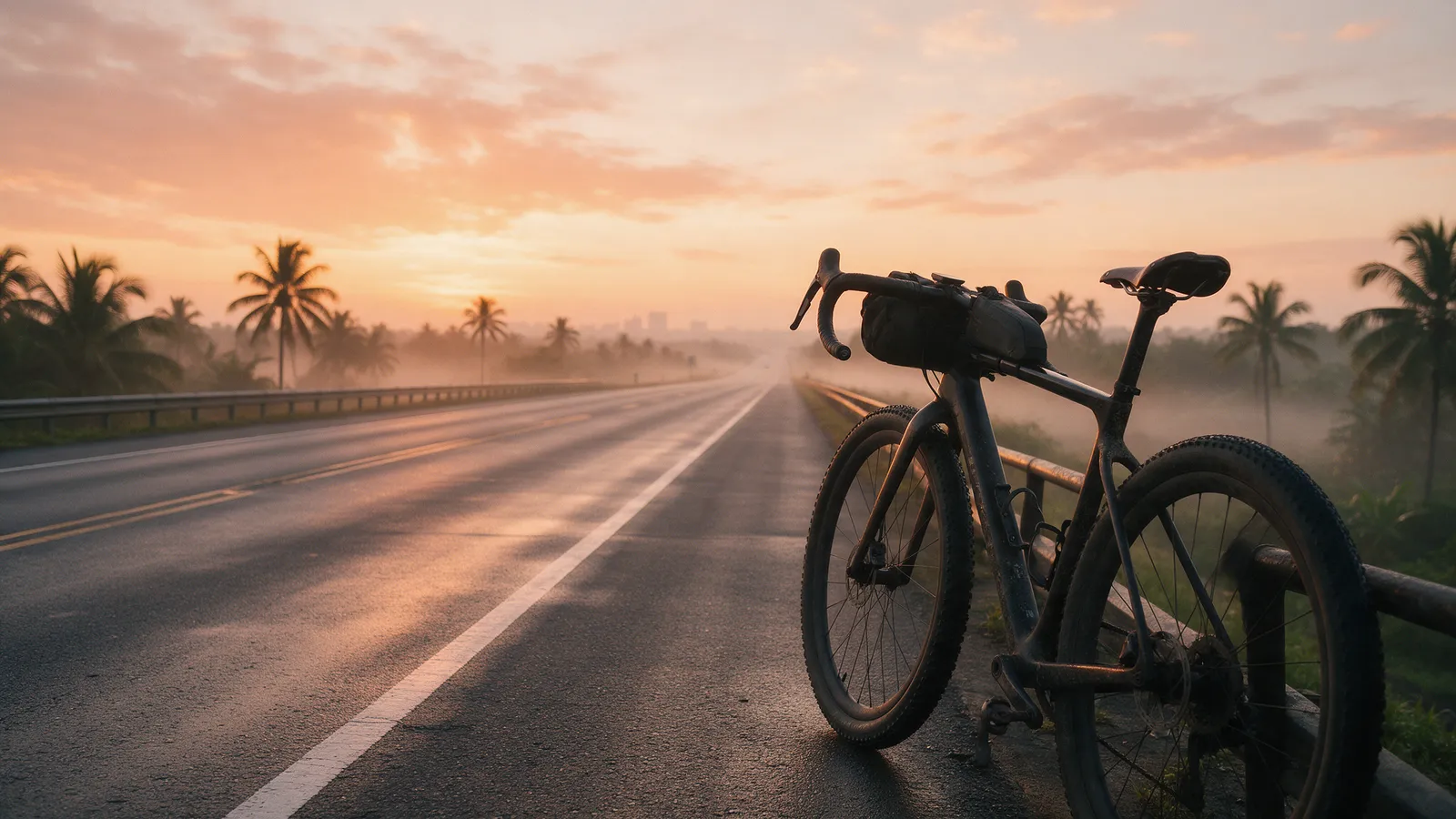 Bicicleta gravel apoiada na grade da estrada ao nascer do sol, com a cidade ao fundo