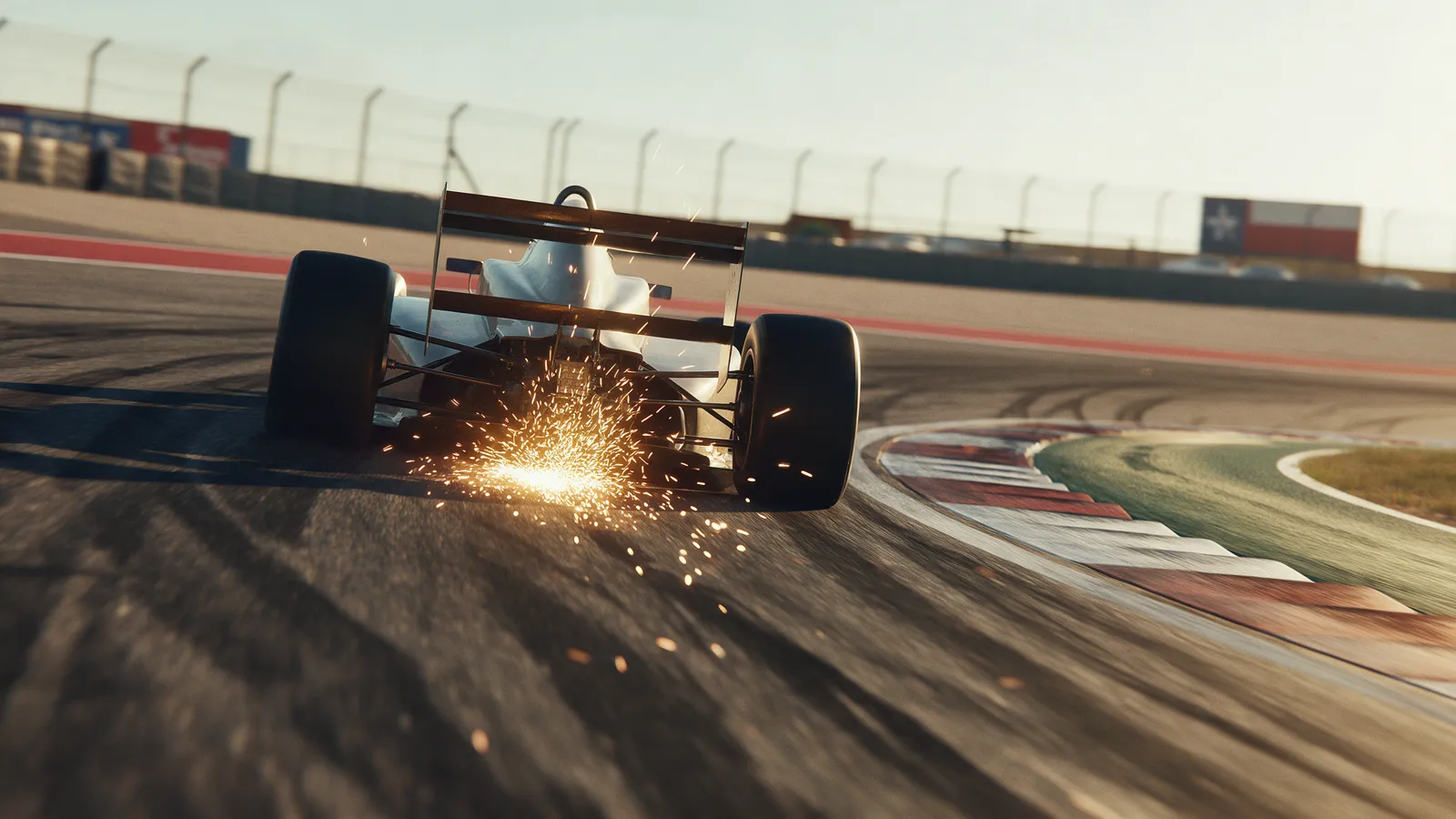 Open-wheel racing car braking hard into a corner on uneven sunlit asphalt with sparks from the floor