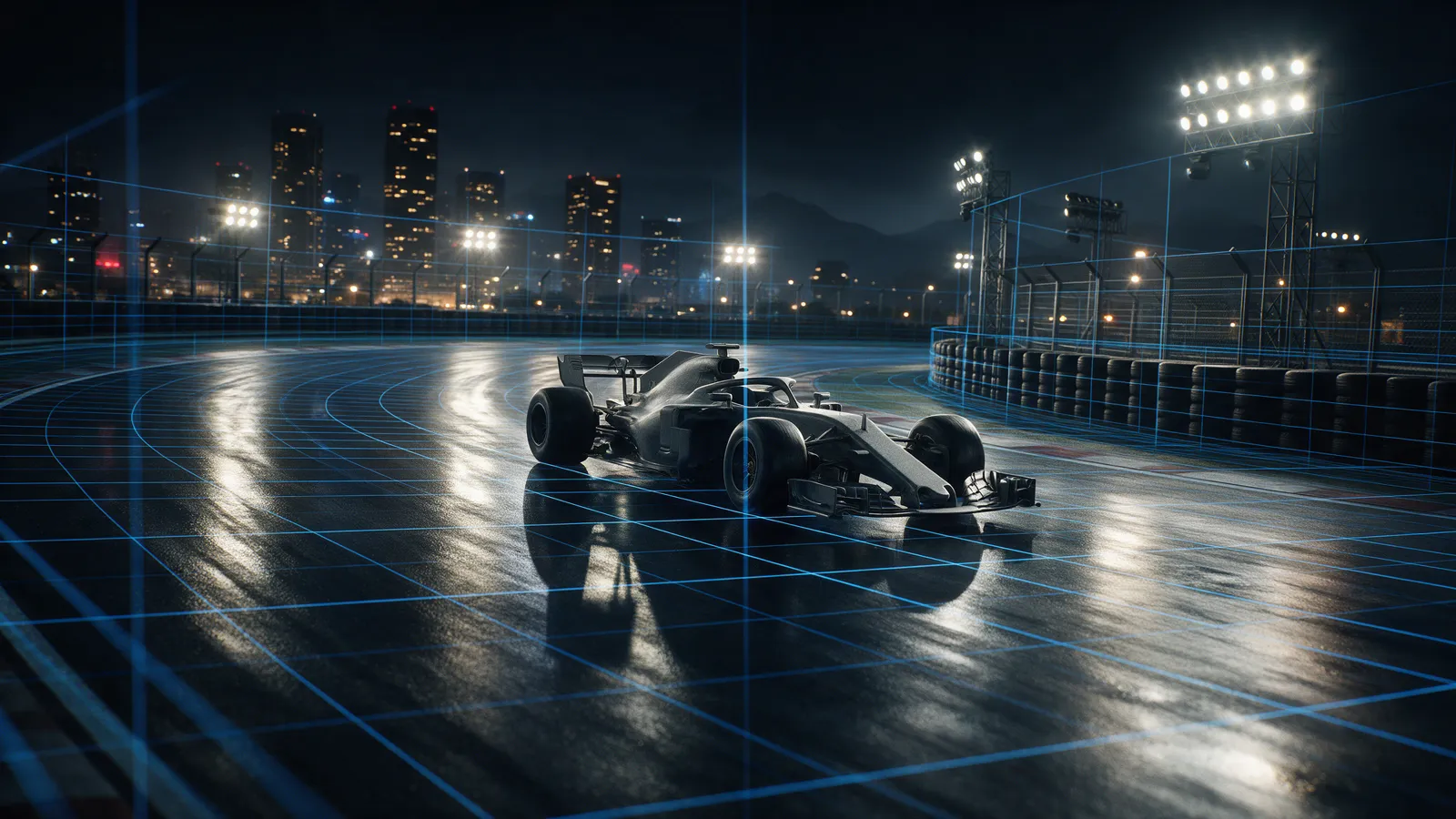 Open-wheel race car on a wet night street circuit with a blue wireframe grid overlay