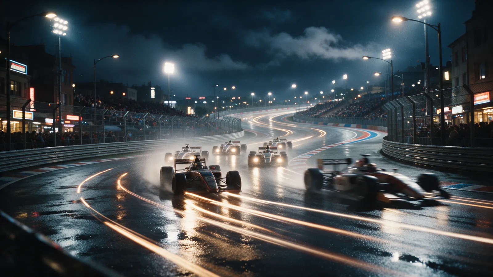 Pelotão de monopostos entrando na primeira curva de um circuito de rua noturno iluminado