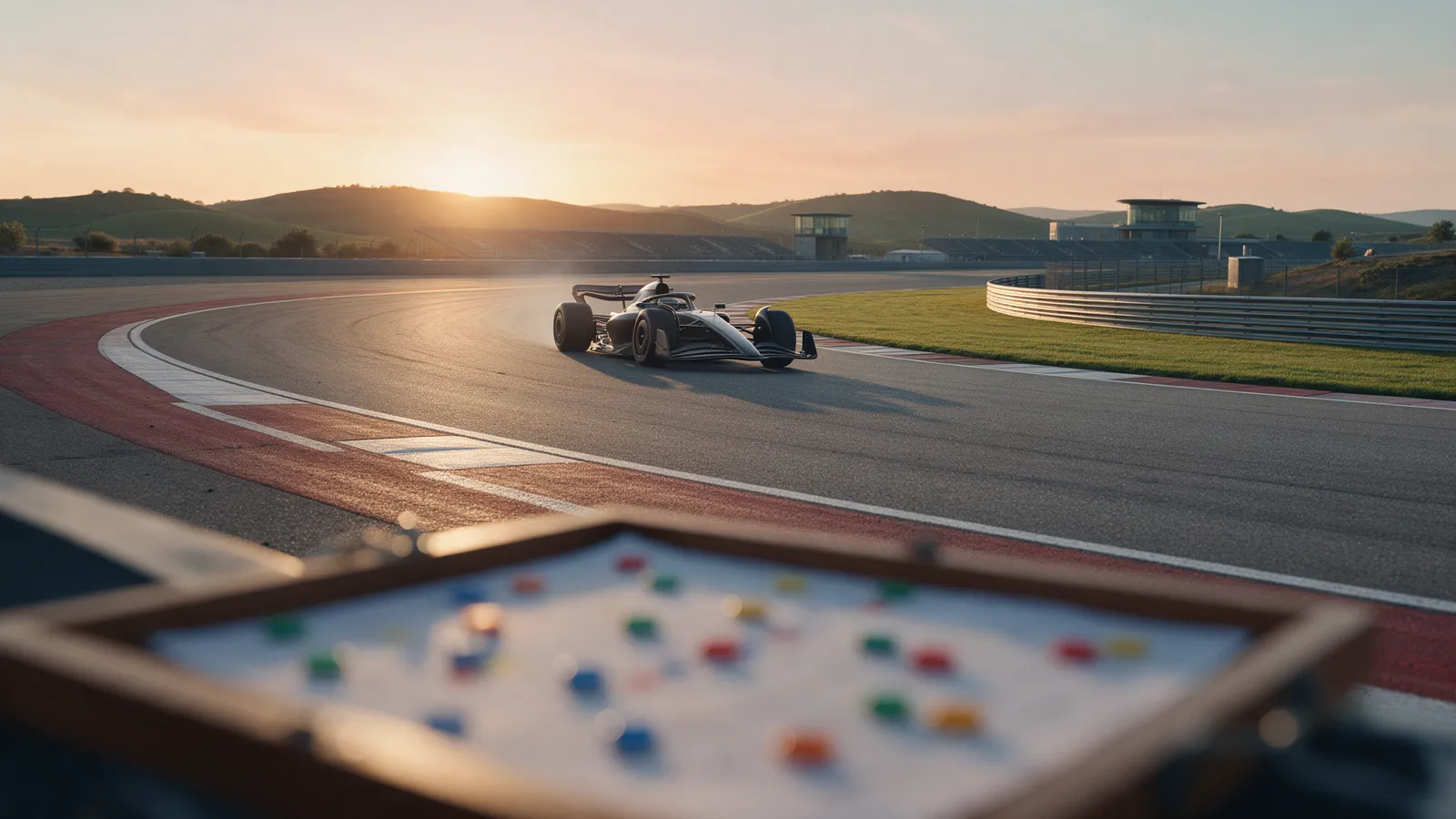 Open-wheel race car cornering at sunrise with colourful strategy board tokens blurred in the foreground