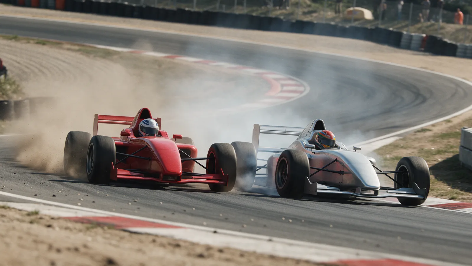 Two open-wheel race cars, one red and one silver, braking side by side into a tight first corner