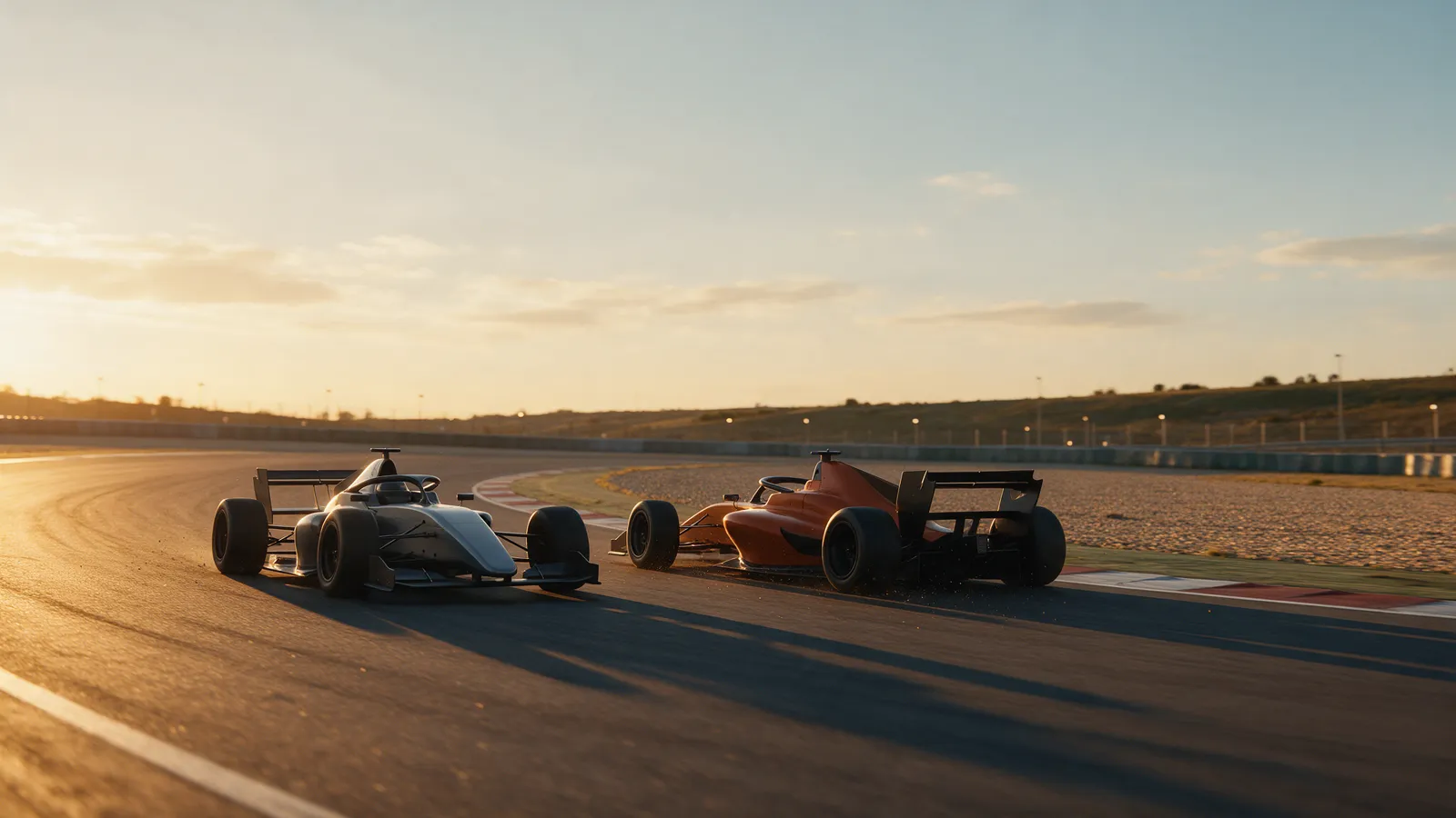 Dois monopostos lado a lado em um circuito de curvas abertas ao entardecer dourado