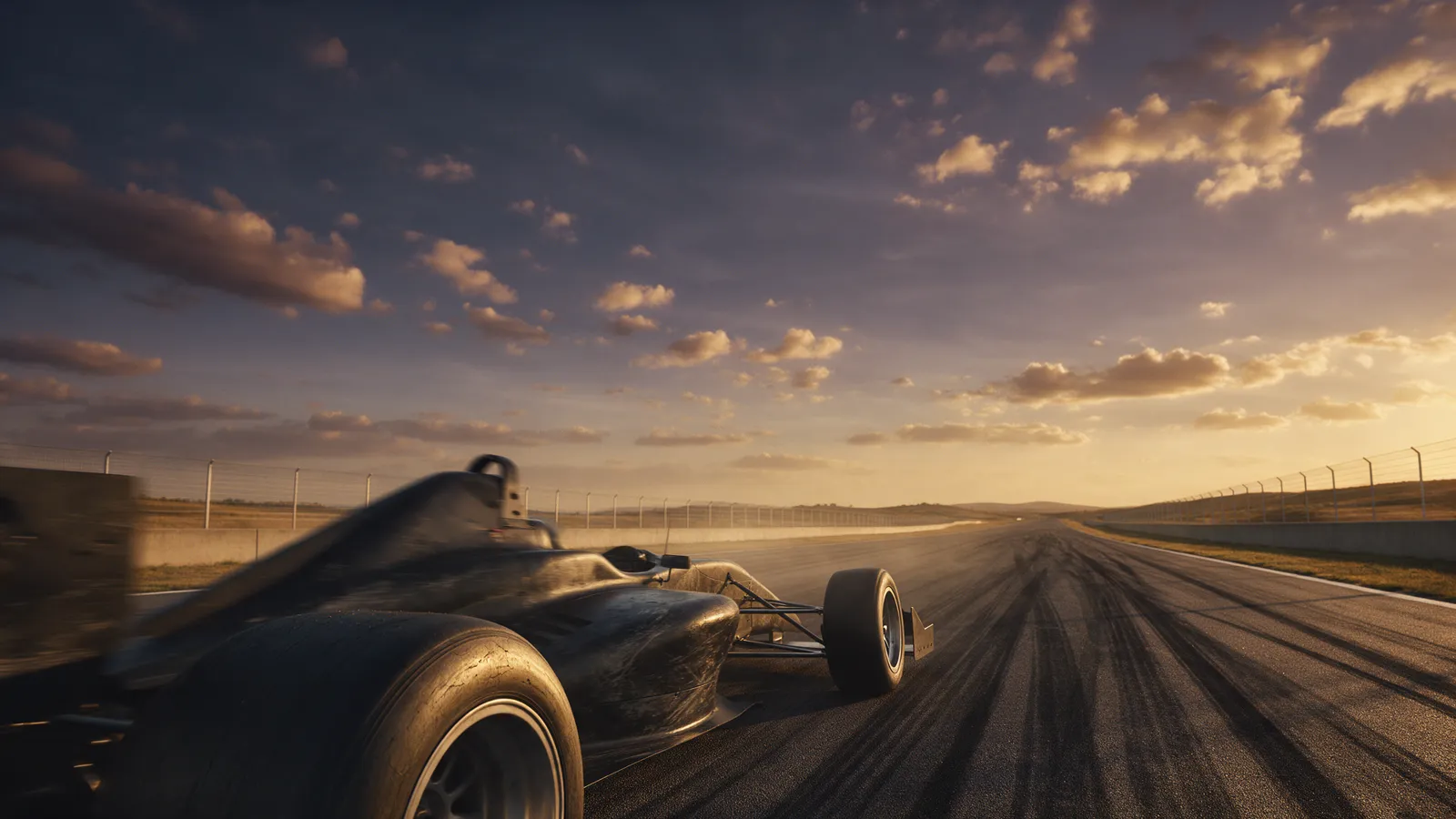 Open-wheel race car on a long straight with heat shimmer and a worn rear tyre in foreground