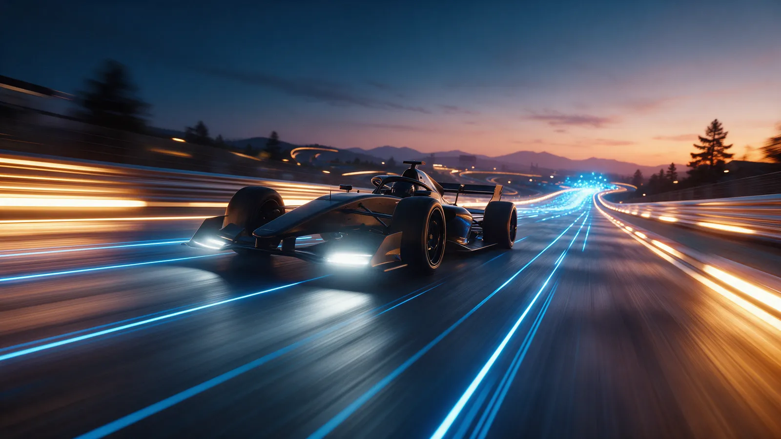 Open-wheel race car at dusk on a long straight with wing flaps open and blue light trails