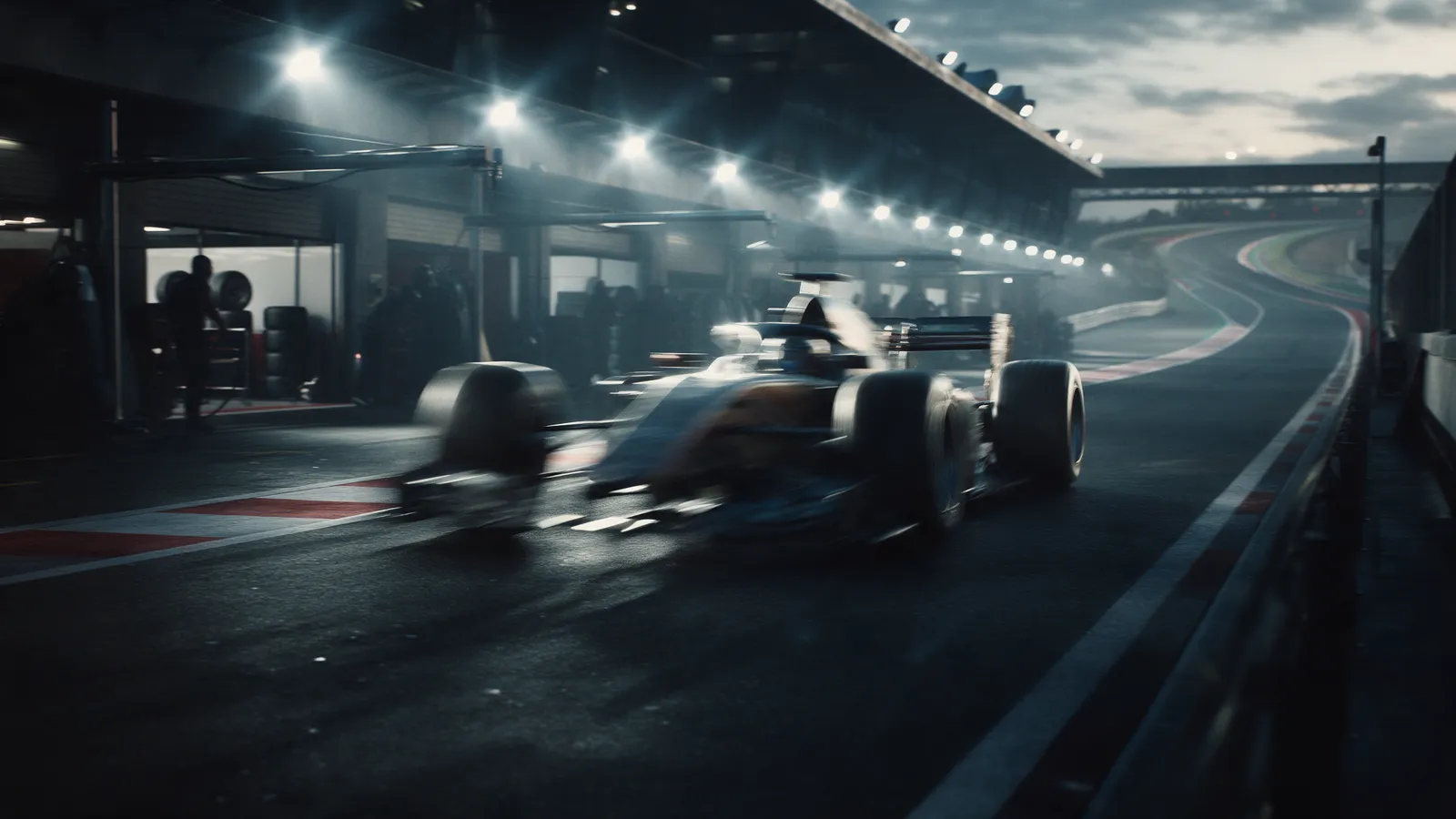 Open-wheel race car blurring through a floodlit pit lane with tyre stacks behind