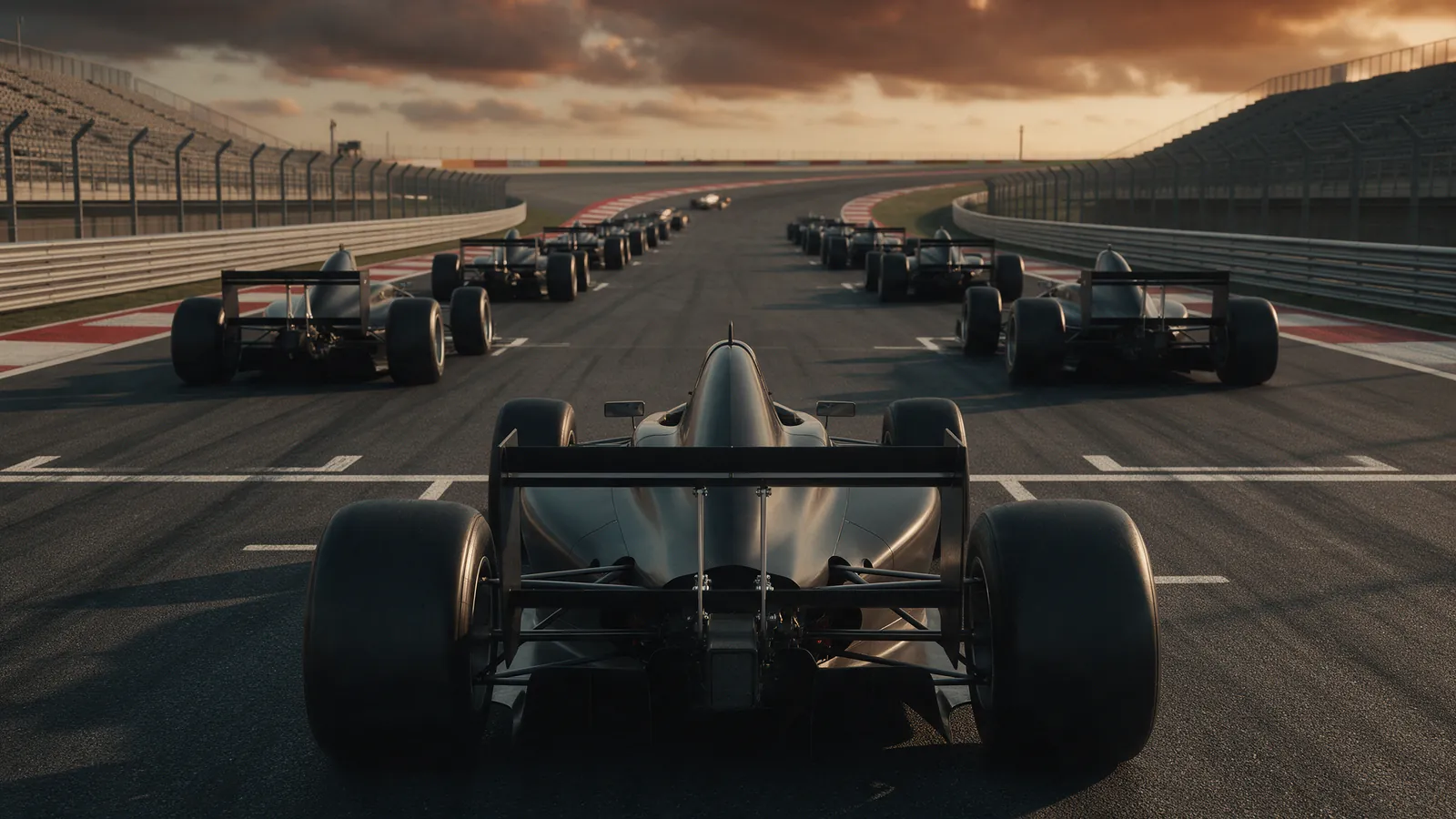 Grid visto por trás de um carro de F1, com fileiras rumo à primeira curva