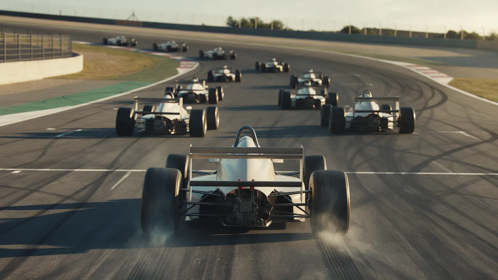 Open-wheel racing car launching from the starting grid toward the first corner in golden light