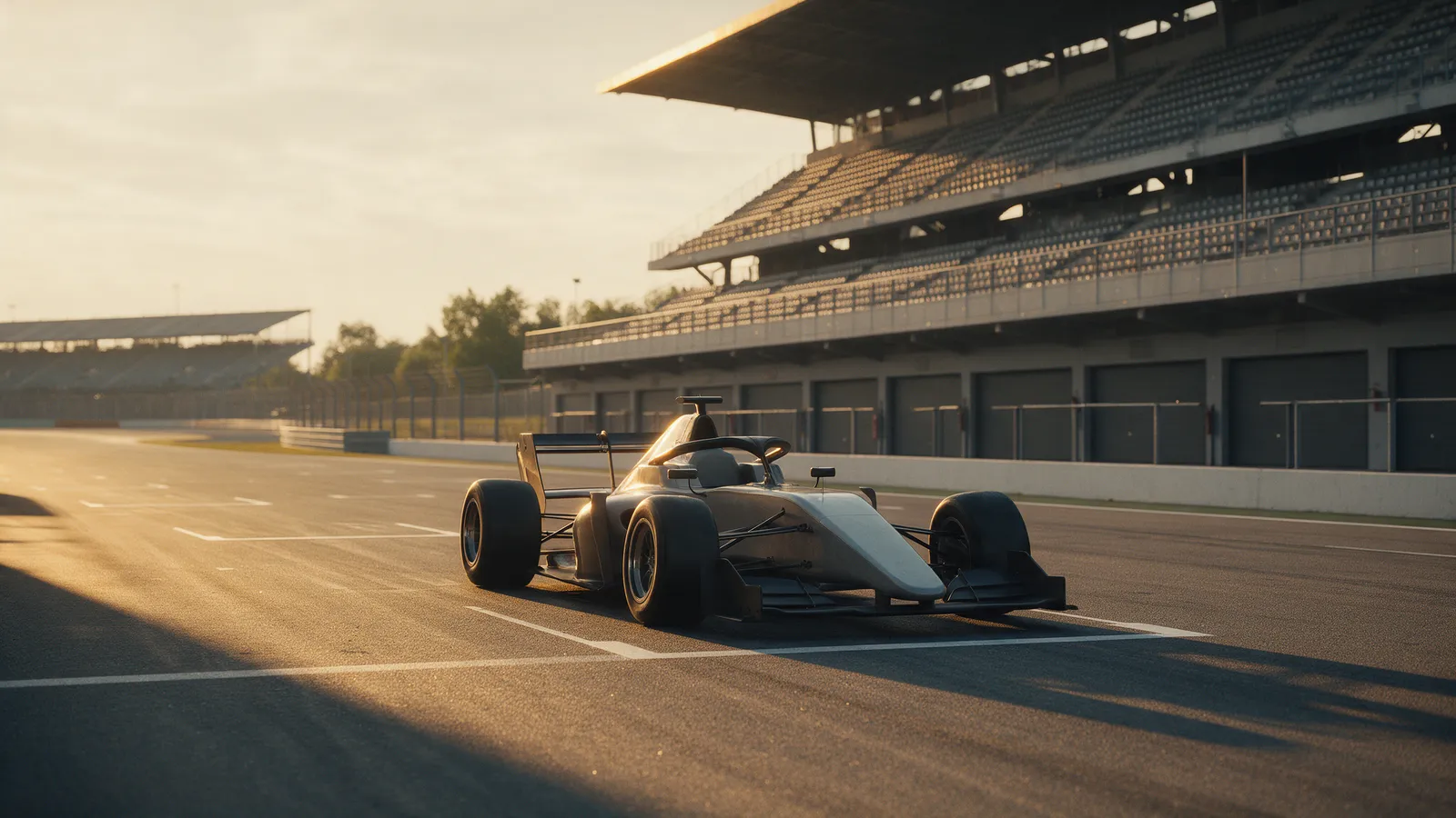 Carro de corrida na primeira fila de um grid vazio à luz dourada do entardecer