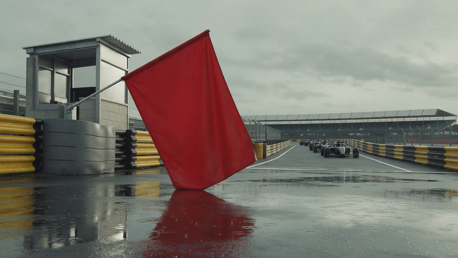 Bandeira vermelha em posto de fiscais sobre pista molhada, com carros enfileirados no pit lane