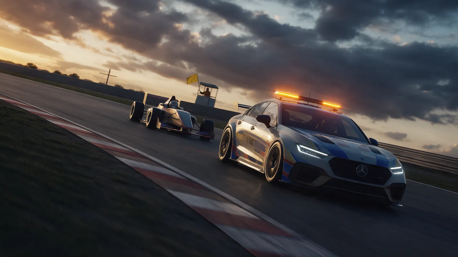Open-wheel race car following a safety car with amber lights at dusk on track