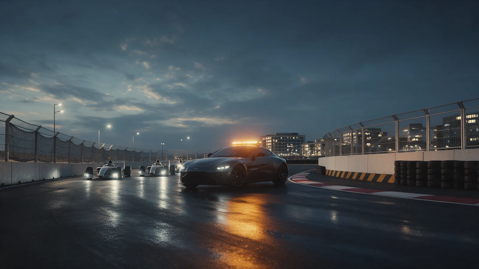 Safety car com luzes âmbar lidera carros de rodas expostas em circuito de rua ao entardecer
