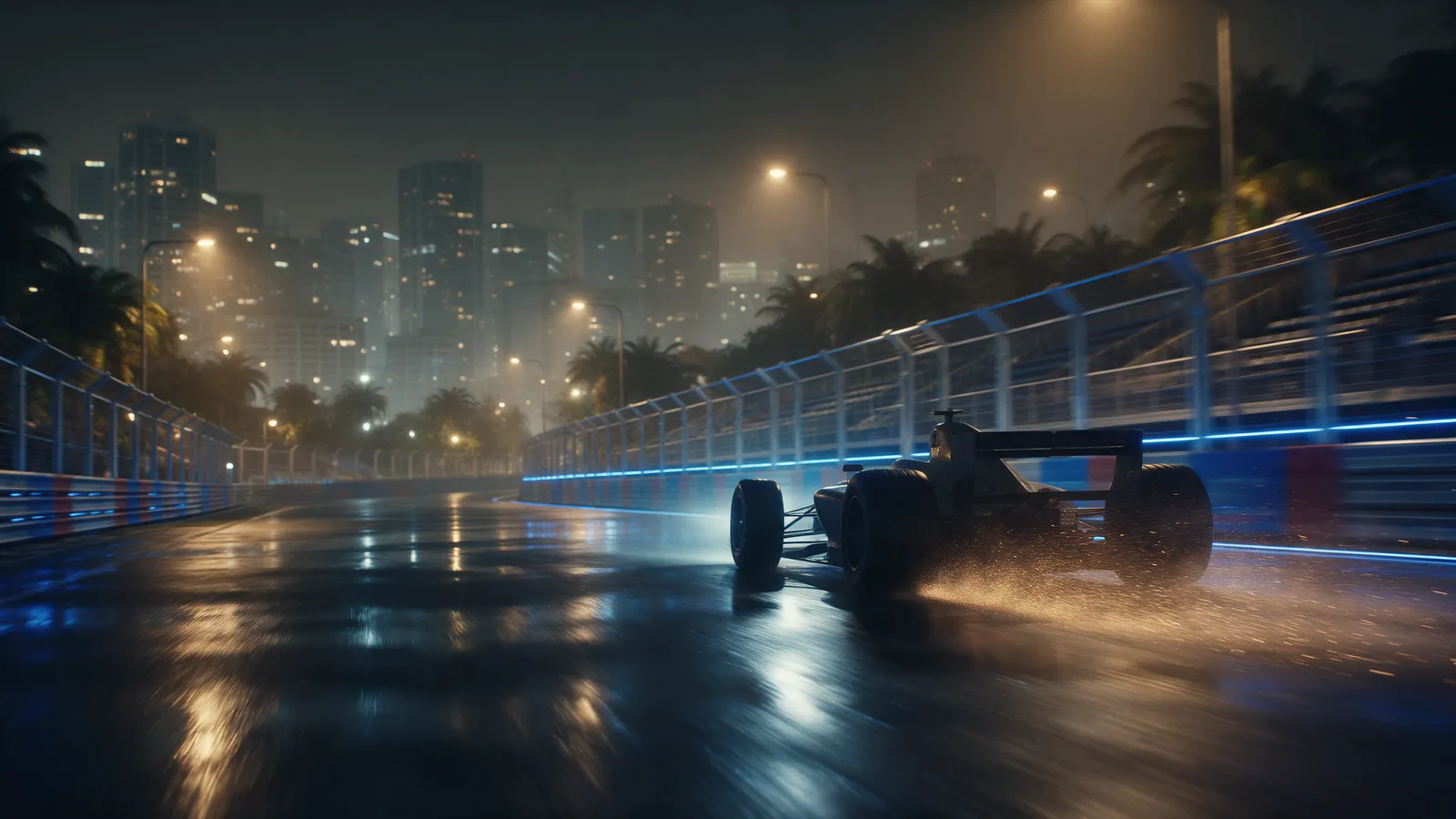 Monoposto em alta velocidade num circuito de rua noturno iluminado, com asfalto molhado refletindo as luzes