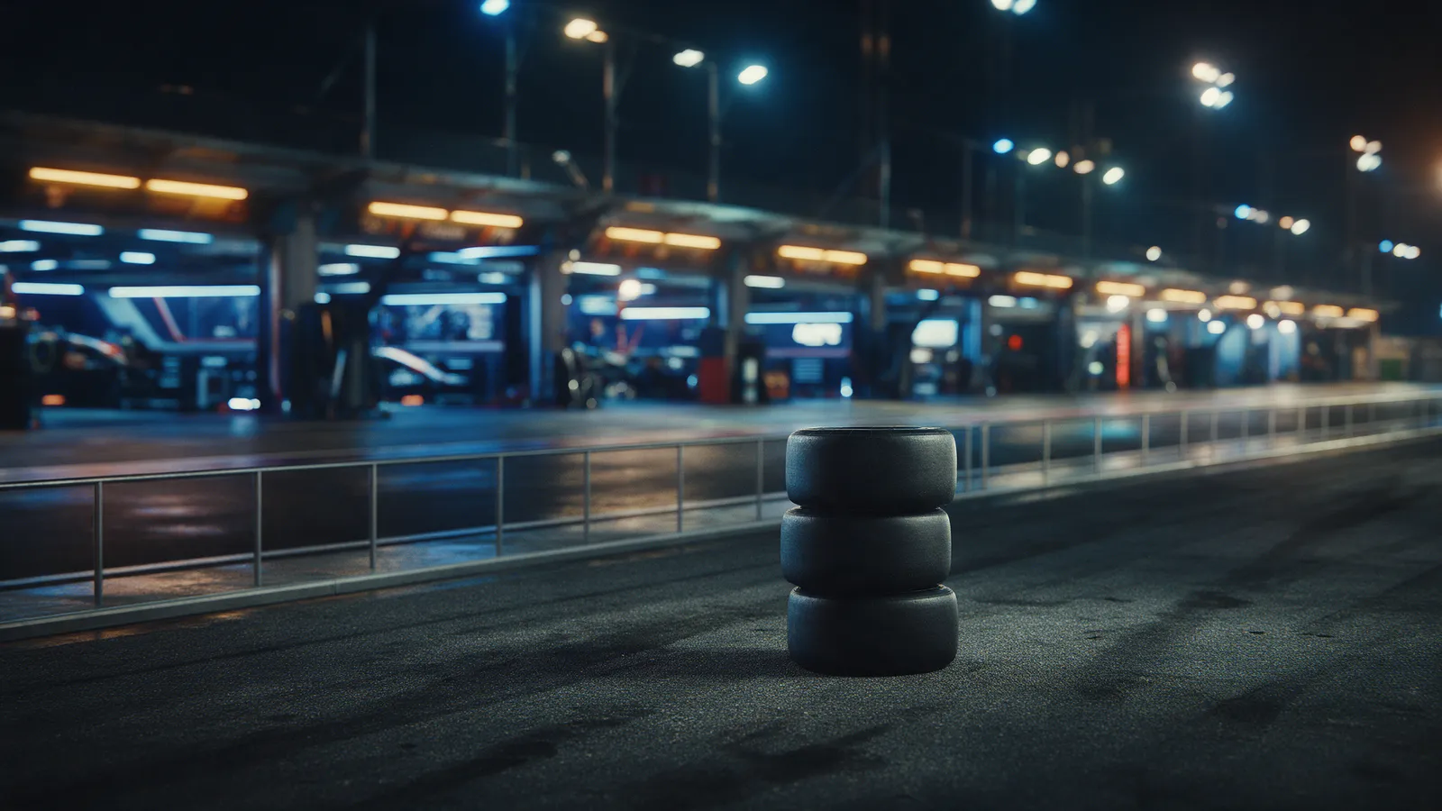 Pneus novos empilhados em um pit lane vazio e iluminado de circuito de rua noturno