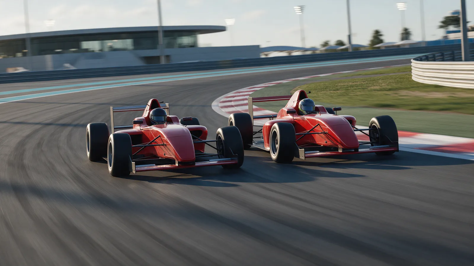Two red open-wheel race cars running close together through a fast corner in late sun