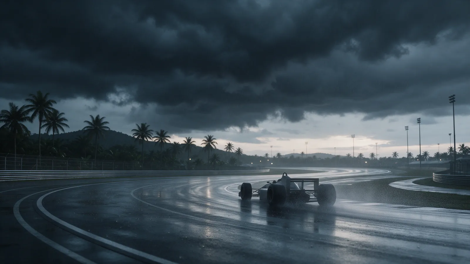 Carro de corrida num circuito tropical encharcado ao entardecer sob nuvens pesadas de tempestade