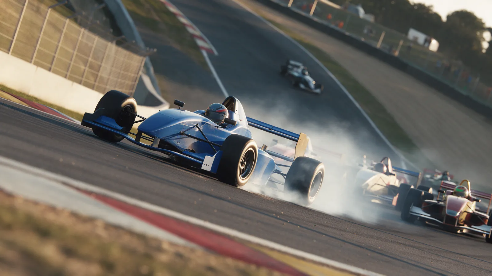 Blue open-wheel race car launching off the grid towards an uphill first corner at golden hour