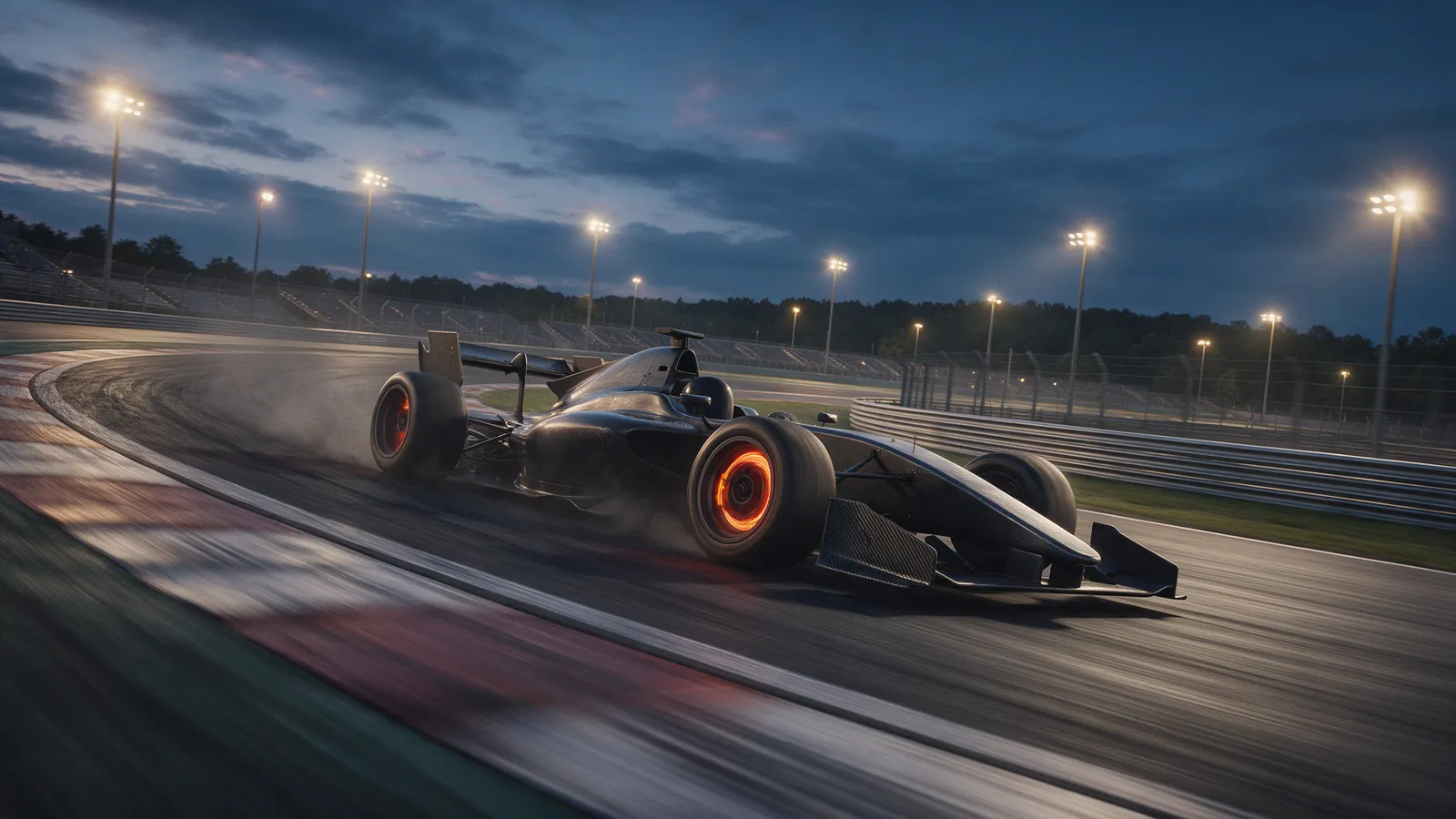 Open-wheel race car on a floodlit circuit at dusk, motion blur and glowing brake discs
