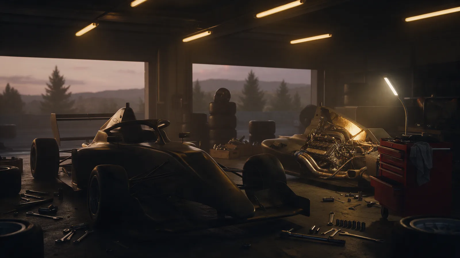 Racing car in a dimly lit garage at dusk with a dismantled engine cover under warm lights