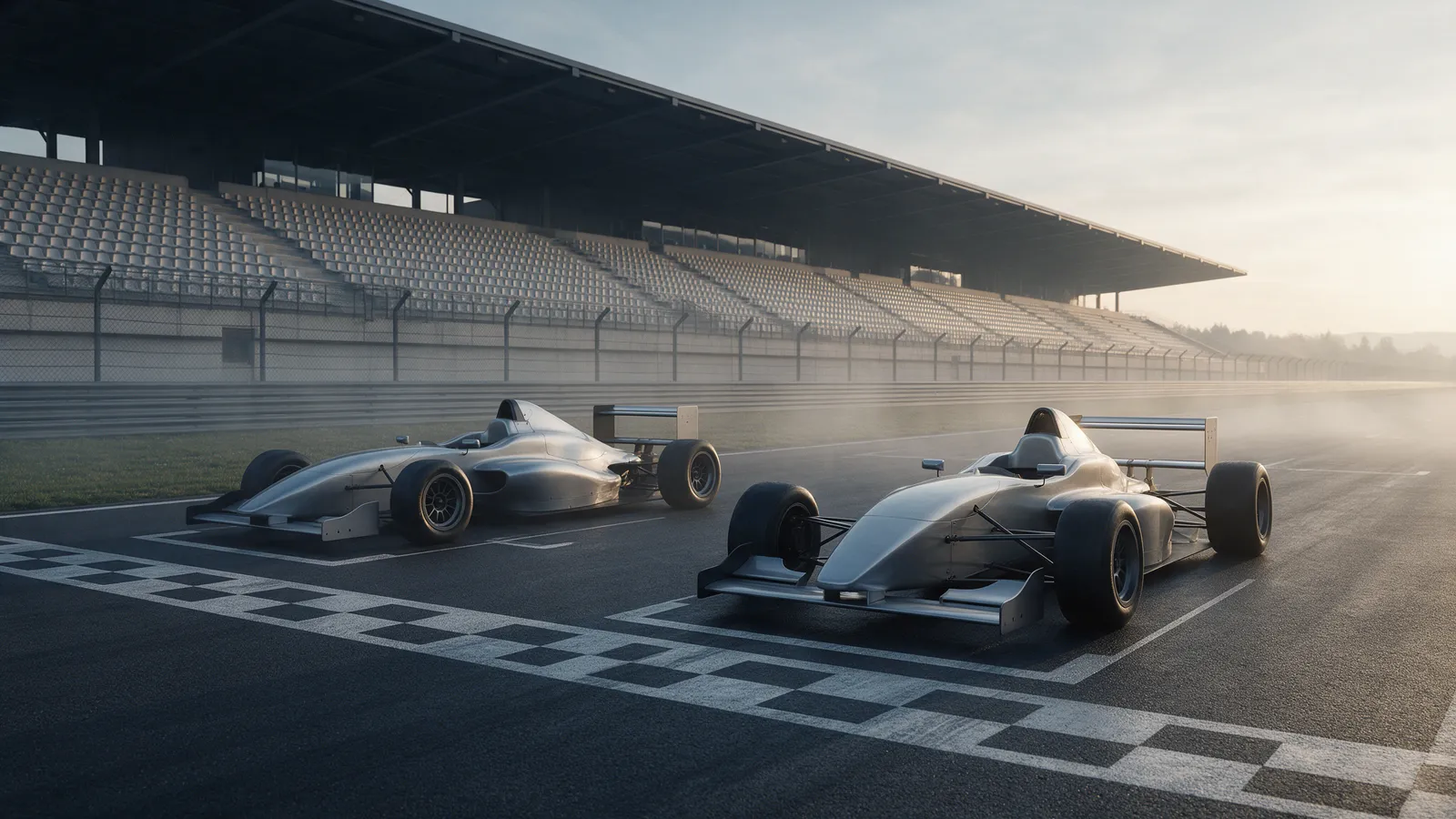 Two silver open-wheel race cars on an empty starting grid at dawn with mist
