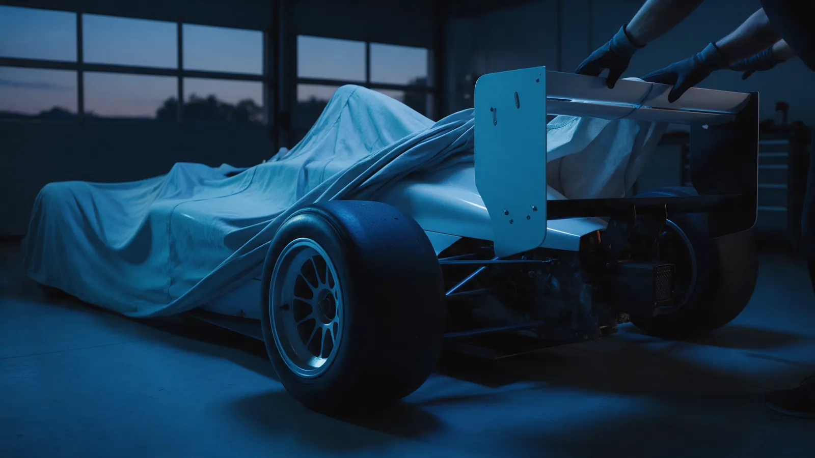 Open-wheel race car in a quiet garage at dusk with covers partly pulled back