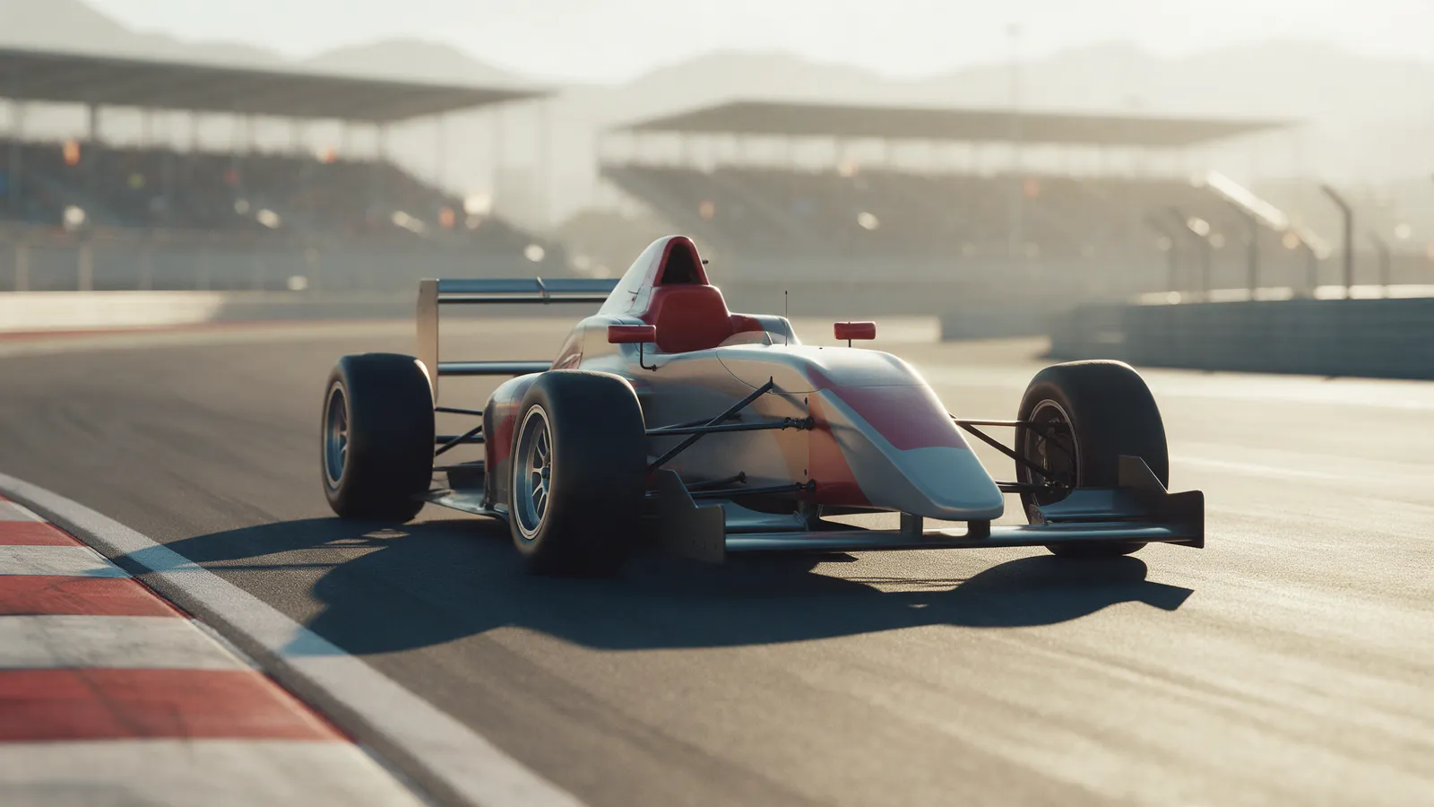 Generic open-wheel race car on a sunlit high-altitude city circuit at golden hour with blurred grandstands