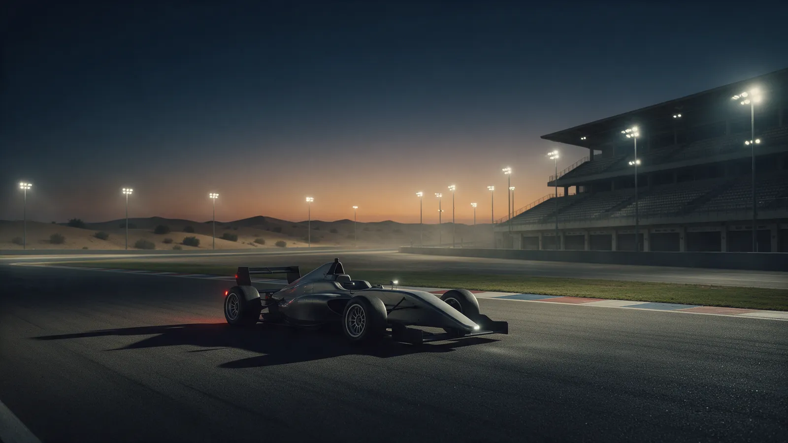 Open-wheel race car on an empty desert circuit at dusk under floodlights