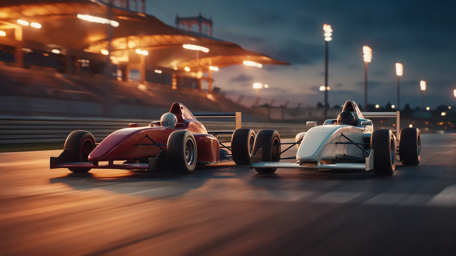 Two unbranded open-wheel racing cars side by side on a floodlit circuit at dusk