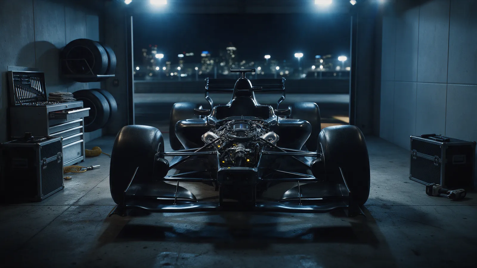 Monoposto sozinho em uma garagem escura à noite, com a tampa do motor removida