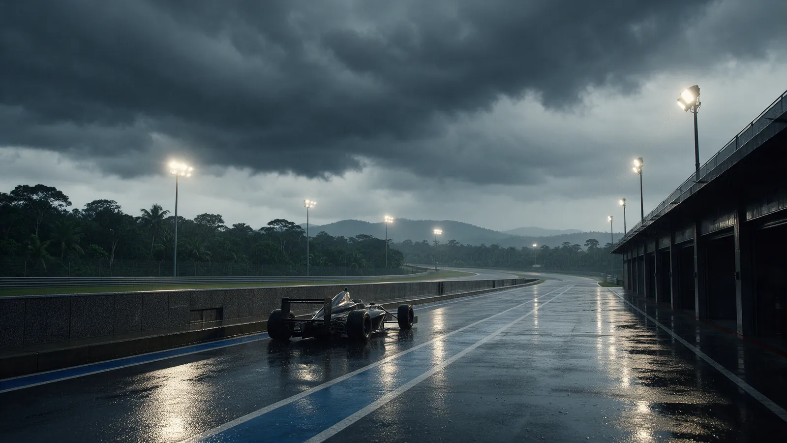 Carro de Fórmula 1 parado num pit lane vazio e encharcado, sob nuvens de tempestade