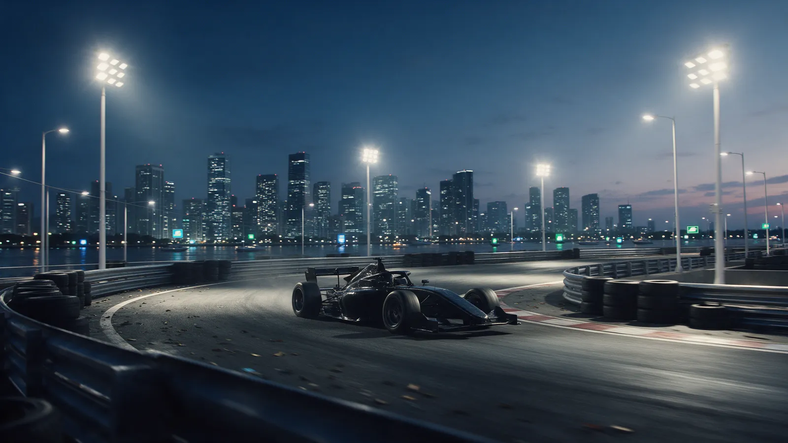 Carro de corrida em circuito de rua iluminado ao entardecer, com horizonte brilhante da cidade