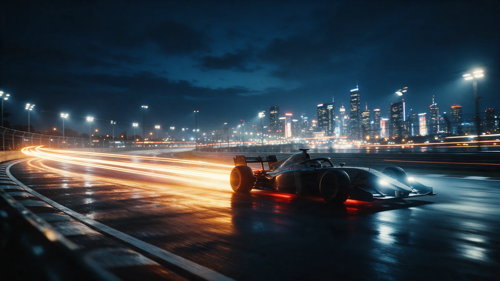 Carro de Fórmula 1 acelerando num circuito de rua noturno iluminado, com skyline brilhante