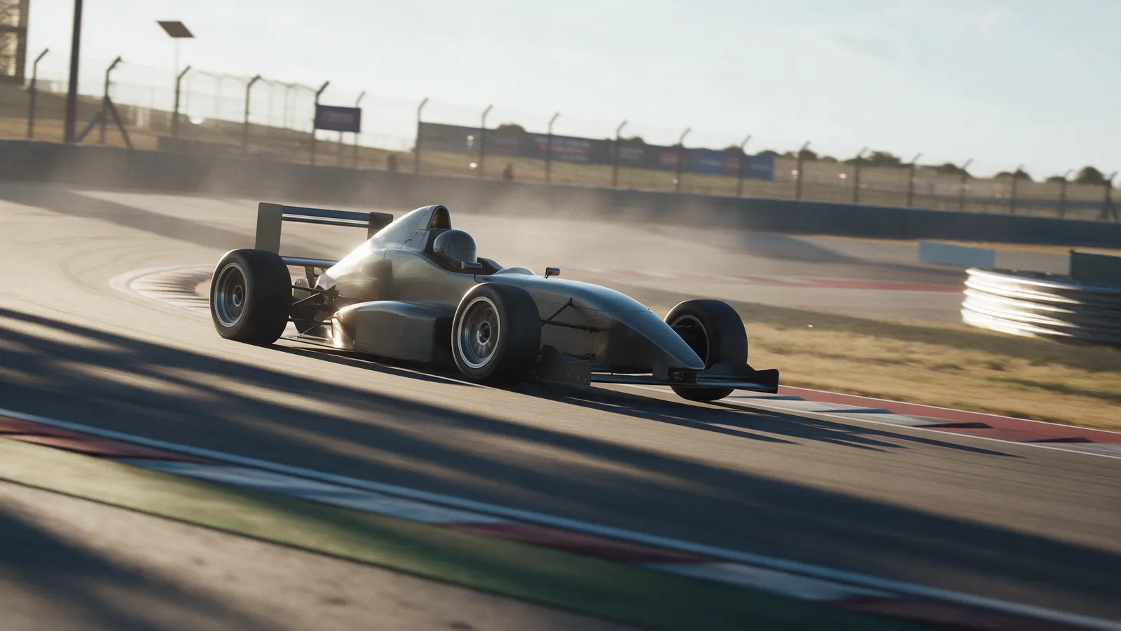 Open-wheel racing car speeding along a sunlit Texas circuit in dry afternoon heat with long shadows