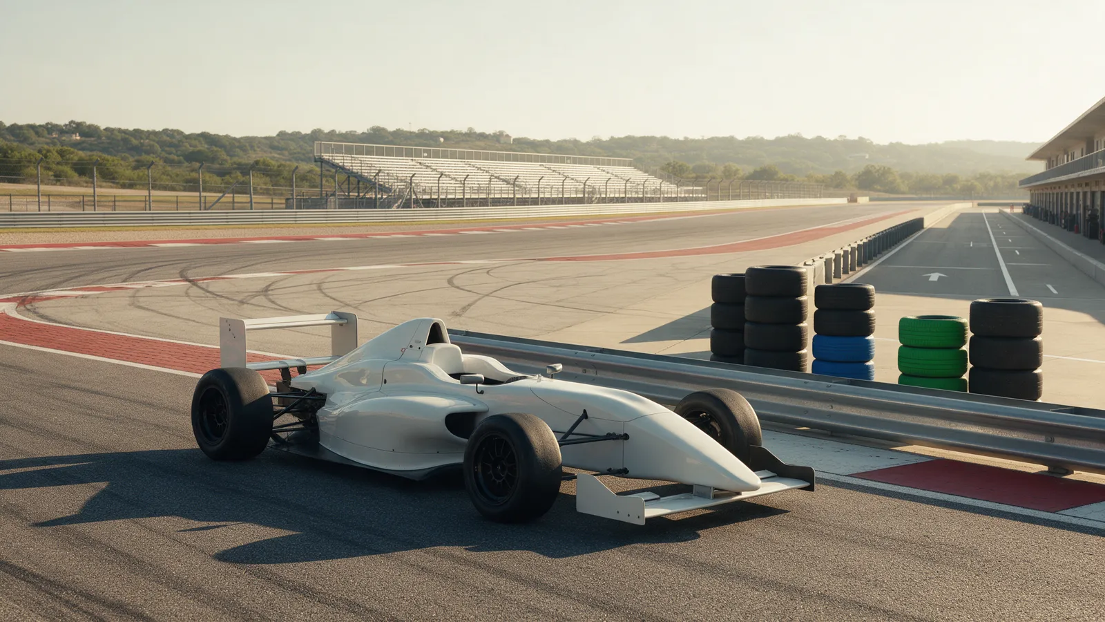Open-wheel race car on a sunlit Texas circuit with stacks of racing tyres in the pit lane