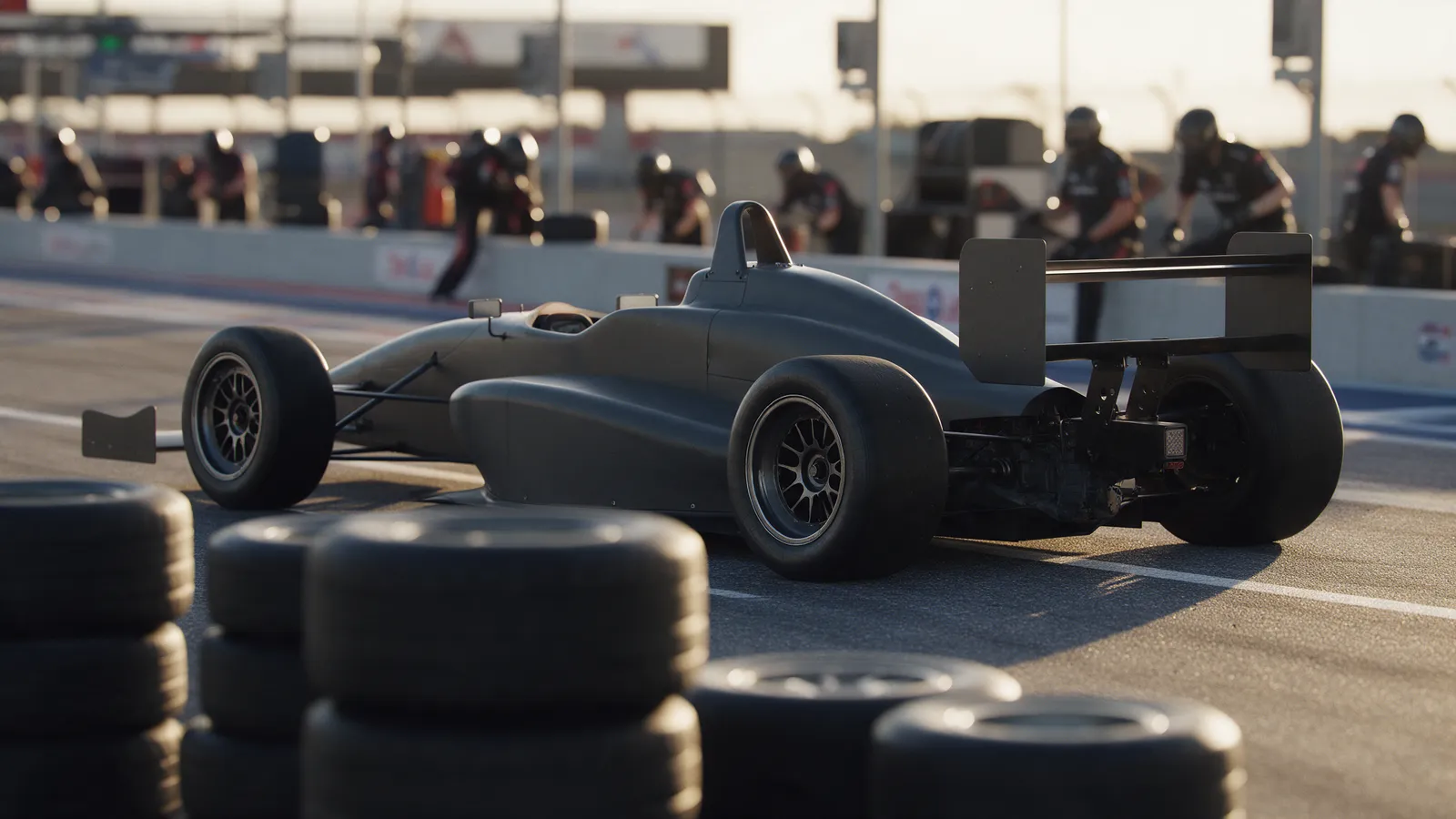 Generic open-wheel race car in a pit lane at golden hour with tyre stacks nearby