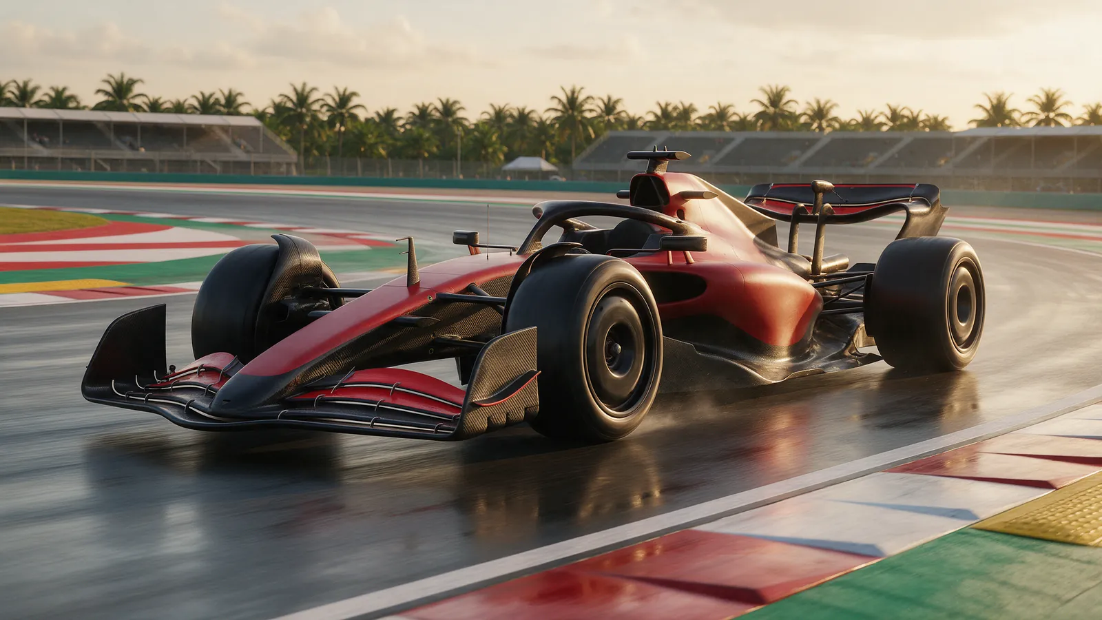 Carro de corrida estilo Fórmula 1 em volta de classificação num circuito tropical ao entardecer